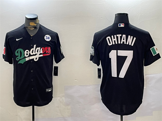 Los Angeles Dodgers #17 Shohei Ohtani Black Mexico 2024 World Series With No. 34 Patch Cool Base Stitched Jersey